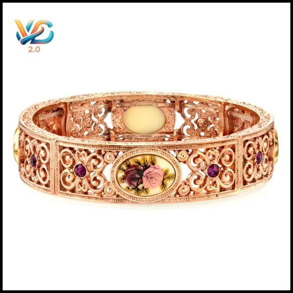 Jewelry - Rose Gold Stretch Bracelet‎ Vintage Floral Crystal Elegant Romantic Aesthetic